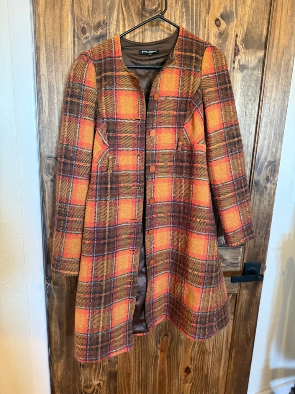Betsey Johnson Orange and Brown Plaid Wool Coat - Picture 1 of 6